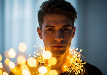 Young man with fairy lights around his neck, looking at the camera