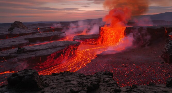Molten lava flows across a rocky landscape, red-orange against a dusky sky