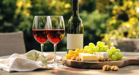 Outdoors wine setup glasses of red, bottle, cheese, grapes, walnuts on a wooden board
