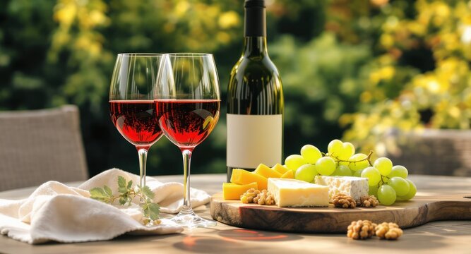Outdoors wine setup glasses of red, bottle, cheese, grapes, walnuts on a wooden board