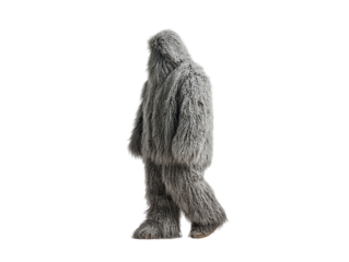 PNG of A mysterious figure in a fluffy gray costume resembling a mythical creature, walking with a whimsical posture.
