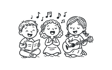 handdrawn cute doodle style children learning folk songs vector line illustration