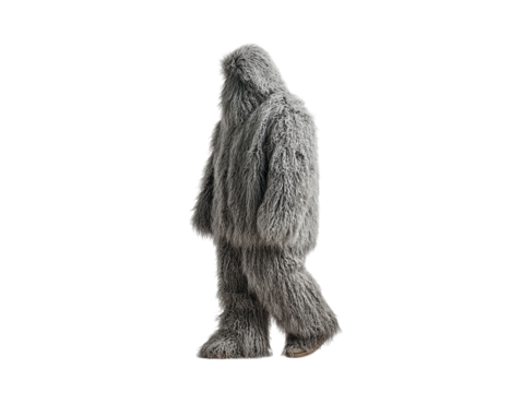 PNG of A mysterious figure in a fluffy gray costume resembling a mythical creature, walking with a whimsical posture.