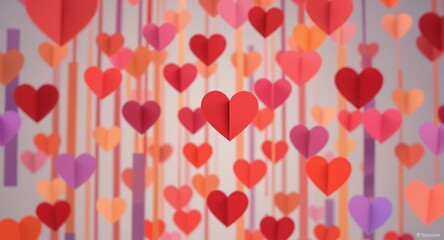 Paper hearts of various colors float, accented by vertical colored stripes on a backdrop