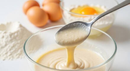 Pancake batter being poured from a spoon into a clear glass bowl, with eggs and flour nearby