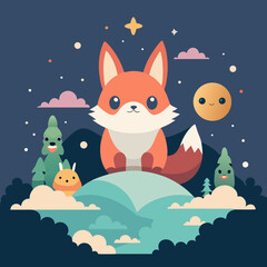 Cute cartoon fox sits on a hill under a starry night sky with friendly creatures