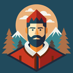 Stylized lumberjack portrait with mountains and trees in flat design style