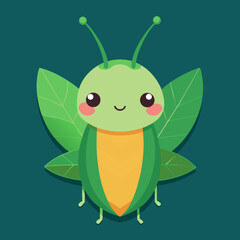 Adorable green cartoon insect with leaf wings and big eyes smiling happily