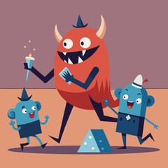 Joyful monsters celebrate with cake and candles spreading happiness and fun