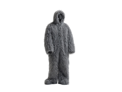 PNG of A whimsical, gray, furry costume resembling a fur-covered creature, ideal for quirky gatherings or themed events.