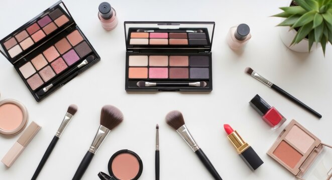 Overhead view of makeup palettes, brushes, lipsticks, and other cosmetic products