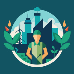 Worker cultivating green industry with renewable energy and sustainable practices