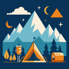 Stylized nighttime mountain camping scene with tent and trailer under a crescent moon