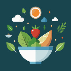 Fresh salad ingredients floating above a bowl with sun and clouds