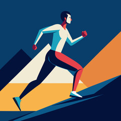Stylized runner ascends a geometric mountain landscape in bold colors
