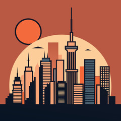 Stylized cityscape silhouette at sunset with a large orange sun and tall buildings