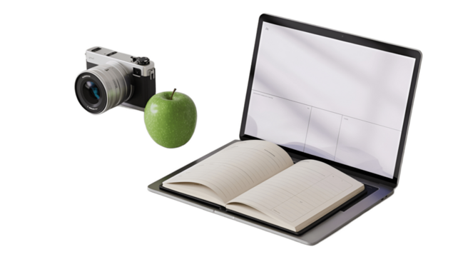 A digital camera, green apple, a notebook on a laptop. - Powered by Adobe