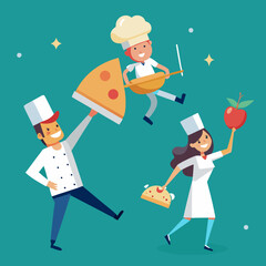 Chefs in uniforms joyfully presenting delicious food items with stars and sparkles