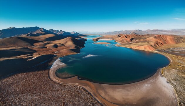 aerial view of a large body of water nestled between mountains and arid land a stunning geographical feature