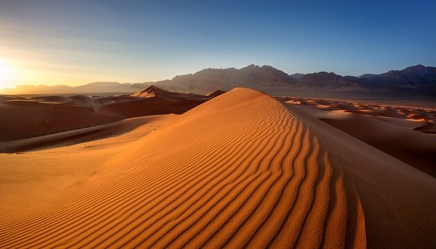 a breathtaking view of golden sand dunes illuminated by the soft glow of sunrise with majestic mountains in the background creating a serene and tranquil desert landscape