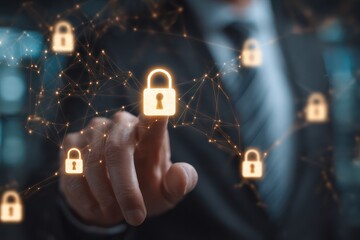 Businessman Touches Digital Padlock Cyber Protection Concept