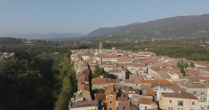 Aerial view of Sant Agata de Goti showcasing its unique architecture and surrounding landscape, Sant Agata de Goti, Campania, Italy.