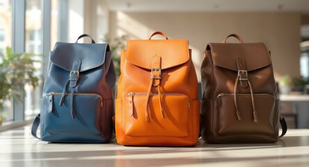 Three leather backpacks in shades of blue, orange, and brown, posed with soft focus background