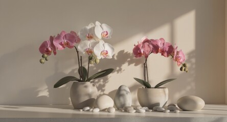 Three potted orchids in various hues stand against a plain wall, with decorative stones