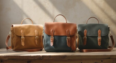 Three leather messenger bags of varying colors displayed on a wooden surface with sunlight