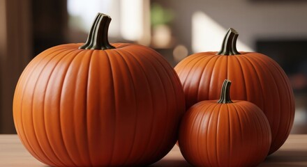 Three pumpkins of varying sizes sit on a wooden surface, soft sunlight in background