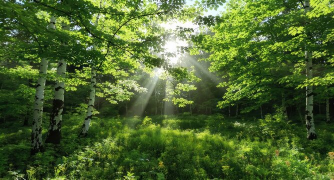 Sunbeams piercing through lush green forest canopy, illuminating the undergrowth