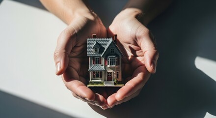 Two hands cradle a miniature house, emphasizing protection and care