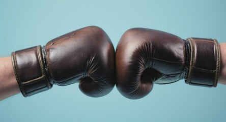 Two hands in brown leather boxing gloves facing each other, fists touching, against blue