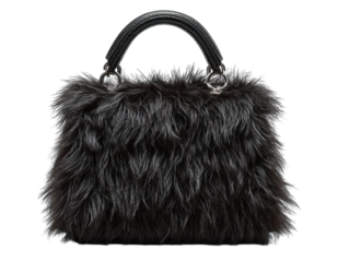 PNG of Luxurious black faux fur handbag with elegant detailing and a sleek handle, perfect for a stylish ensemble.