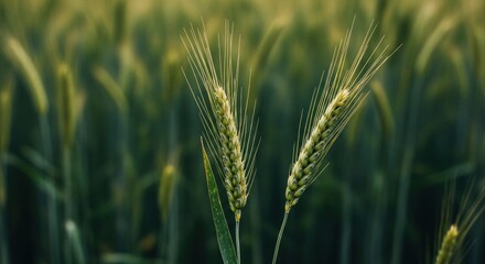 Two focused wheat stalks against a blurred field of green. Natural light and shallow depth of field