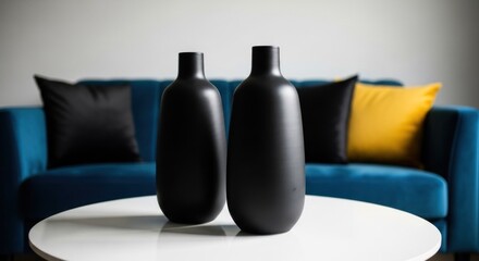 Two sleek, black vases on a white table, fronted by a blue sofa with pillows