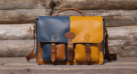 Two-tone leather bag with pockets, handle, and shoulder strap against a wood background