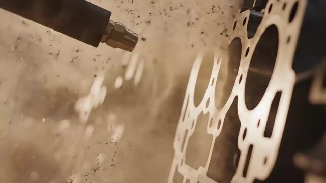 Engine block cleaning high pressure spray with metal particles sparks debris and pressure spray