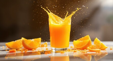 Vibrant image of a glass overflowing with juice, surrounded by orange slices