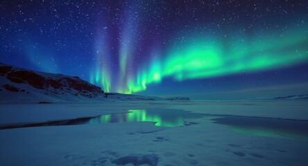 Vivid aurora borealis dances across a starry night sky above a frozen landscape