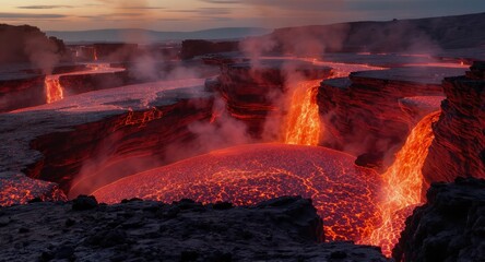 Vivid depiction of a volcanic landscape with flowing lava and steam against a twilight sky