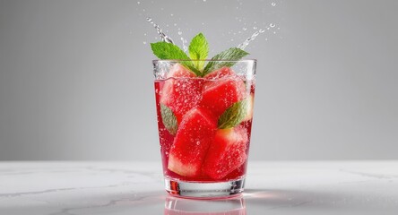 Watermelon cubes and mint garnish in a clear glass, water splashing