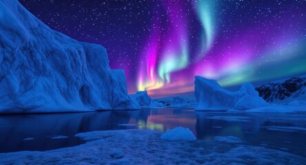 Vivid aurora borealis dances above icebergs reflected in a dark, cold, still body of water