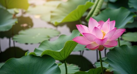 Vivid pink lotus flower in full bloom, surrounded by large green lily pads on water