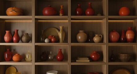 Wooden shelves display various ceramic vases and objects in warm colors with subtle lighting