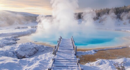 Wooden walkway to a steaming turquoise geothermal pool in a snow-covered winter landscape