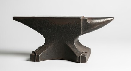 A blacksmith's anvil, dark metal, sits on a white background, viewed from the front