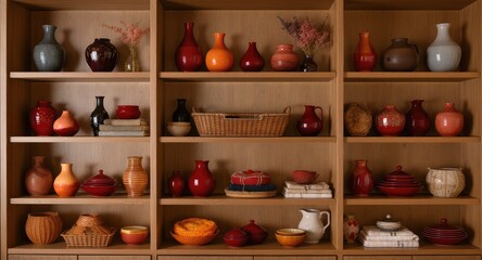 Wood shelving filled with an array of colorful ceramic vases, pots, baskets, and decorative items