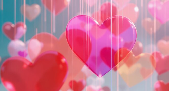 3D-rendered hearts in various shades float with light streaks against a gradient background
