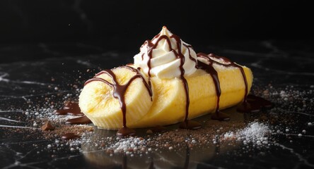 A banana split sits on a dark marble surface, topped with cream & chocolate sauce